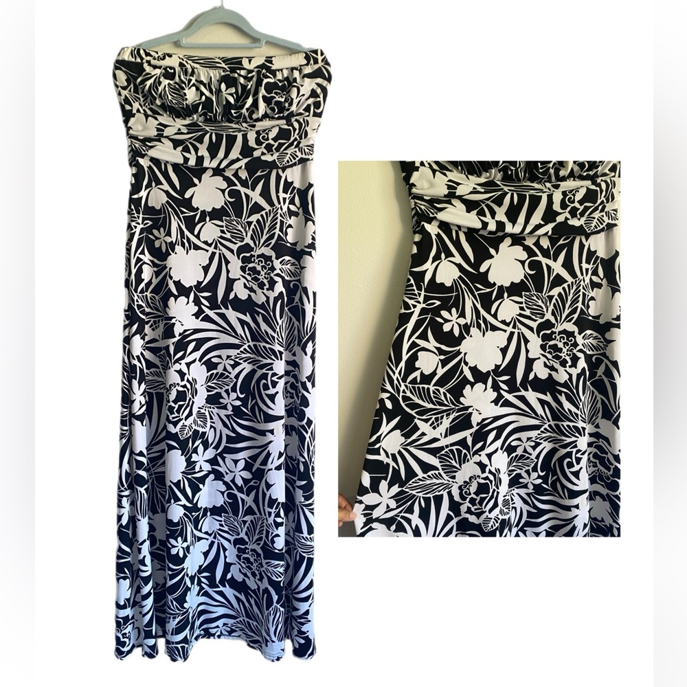 VINTAGE STRAPLESS MAXI BLACK WHITE FLORAL DRESS BY WHITE HOUSEBLACK MARKETSIZE M